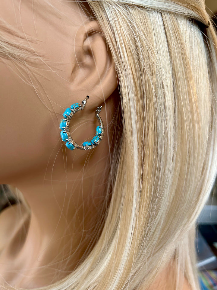 Platinum Turquoise Inside-Out Hoop Earrings: Boho Southwestern Design