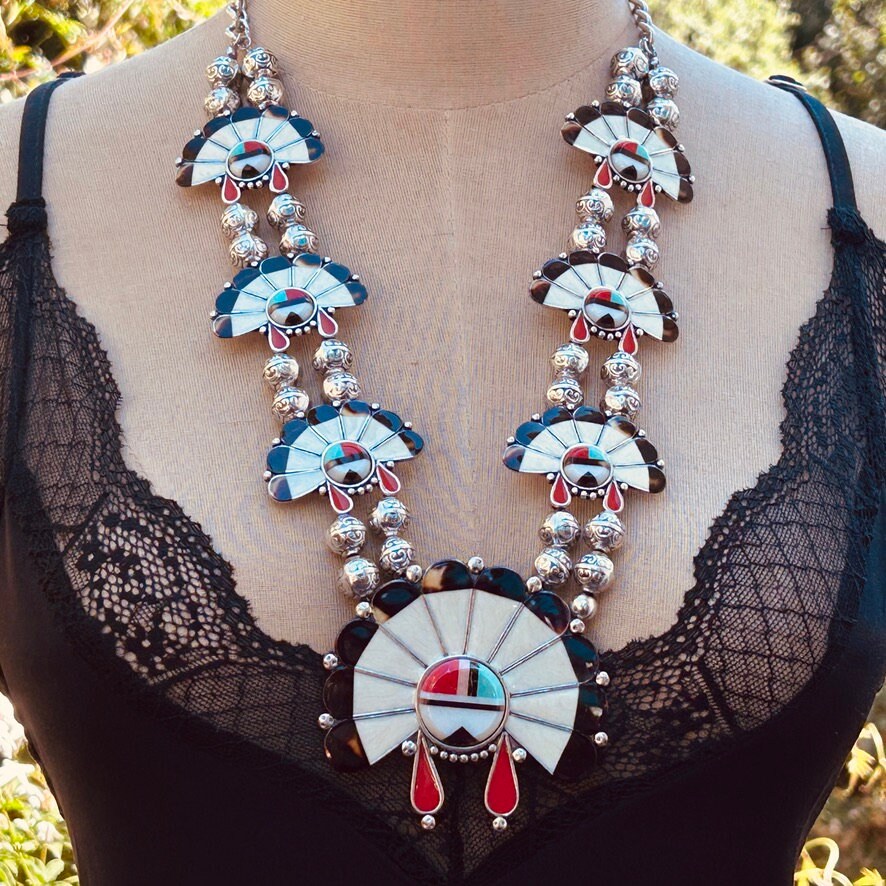 Squash Blossom Necklace - Silver Plate Reproduction - Southwestern Style Statement Jewelry