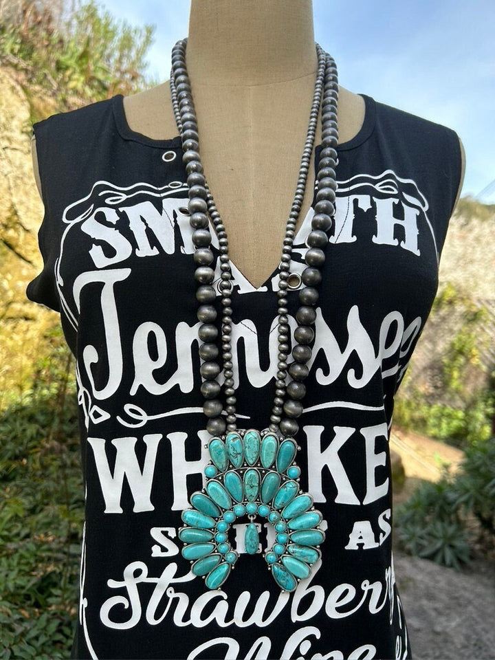 Squash Blossom Turquoise Necklace Long Navajo Style Pearl with Turquoise