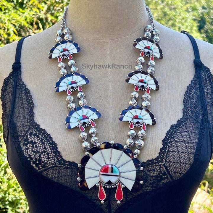 Squash Blossom Necklace - Silver Plate Reproduction - Southwestern Style Statement Jewelry