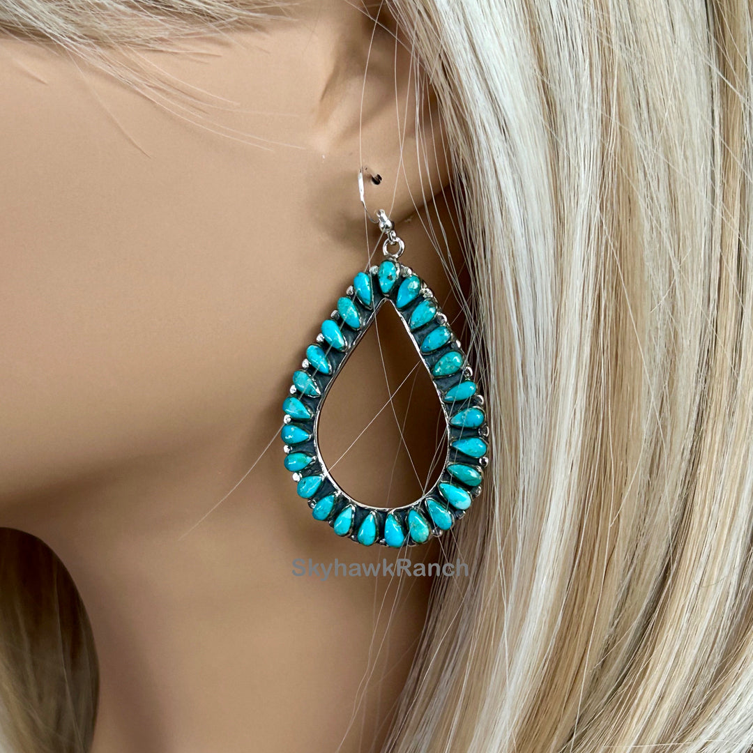 Turquoise Teardrop Hoop Earrings: Sterling Silver Southwestern Jewelry