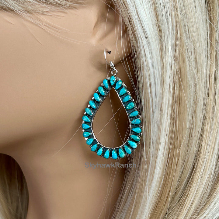 Turquoise Teardrop Hoop Earrings: Sterling Silver Southwestern Jewelry