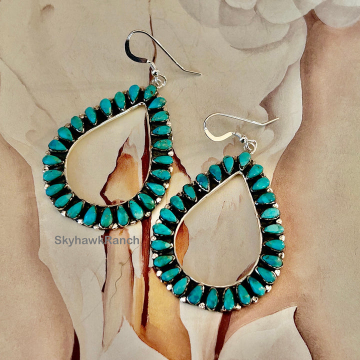 Turquoise Teardrop Hoop Earrings: Sterling Silver Southwestern Jewelry