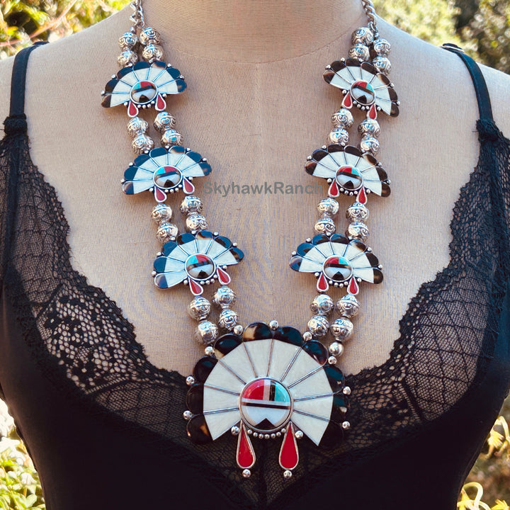 Squash Blossom Necklace - Silver Plate Reproduction - Southwestern Style Statement Jewelry