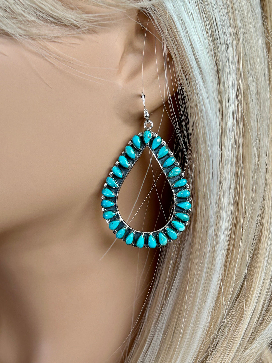Turquoise Teardrop Hoop Earrings: Sterling Silver Southwestern Jewelry