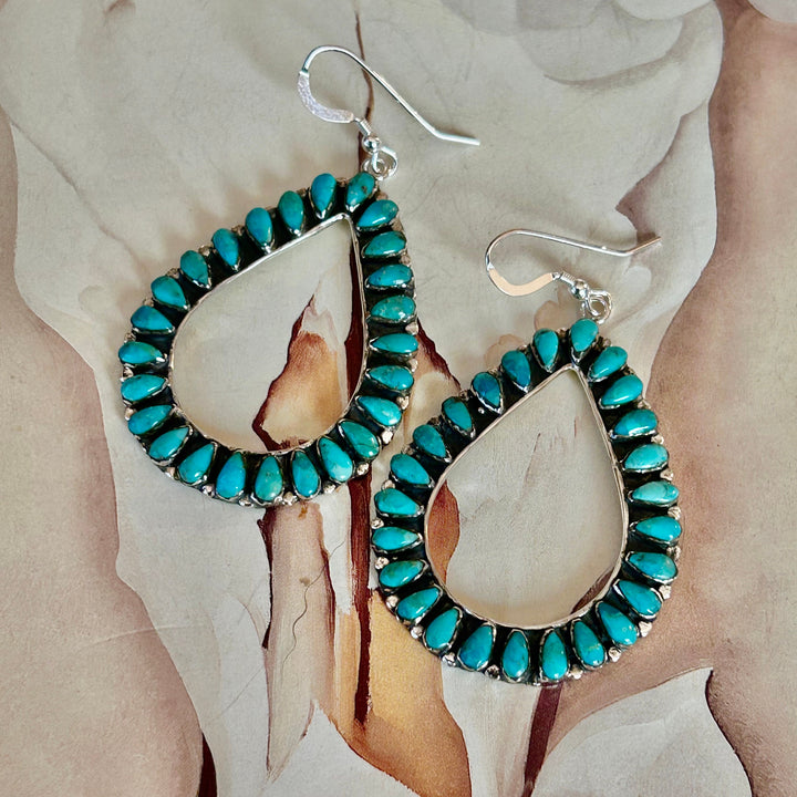 Turquoise Teardrop Hoop Earrings: Sterling Silver Southwestern Jewelry