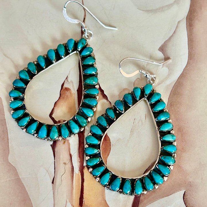 Turquoise Teardrop Hoop Earrings: Sterling Silver Southwestern Jewelry
