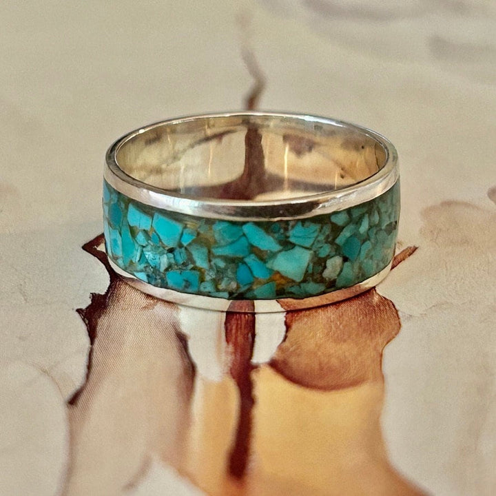 Genuine Turquoise Sterling Silver Band Ring Western Southwestern Turquoise Band Wedding Band Eternity Band Unisex