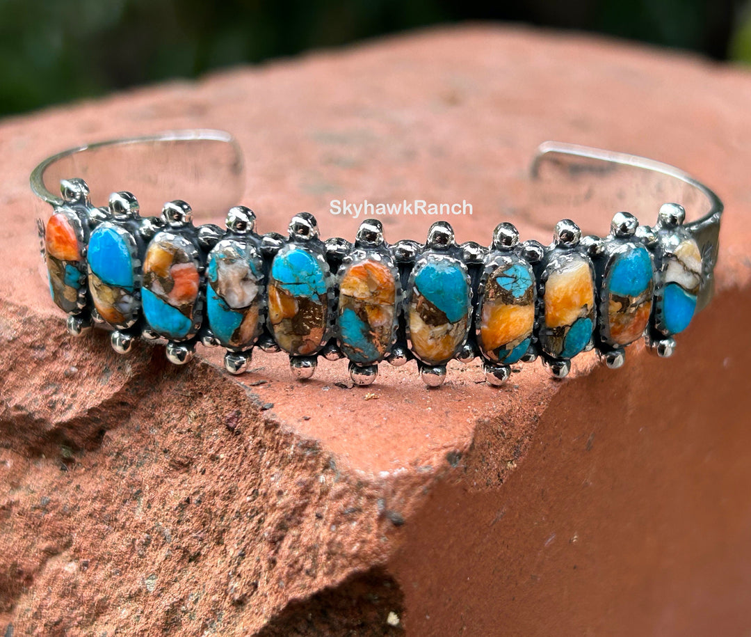 Genuine Turquoise Spiny Oyster Bracelet 925 Silver Turquoise and Spiny Oyster Cuff Turquoise Cuff Southwestern Western Jewelry