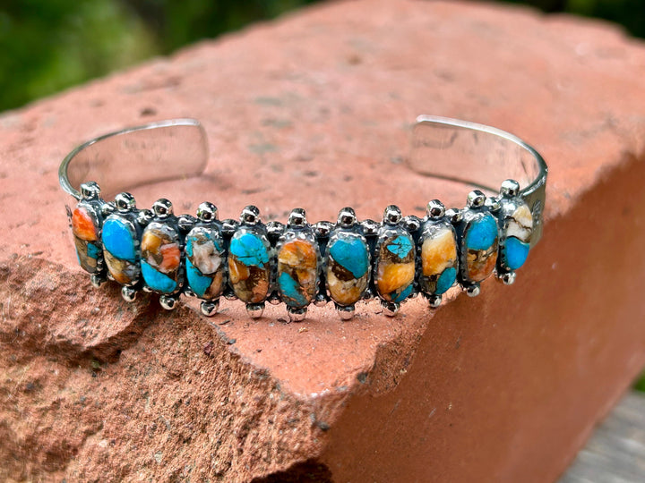 Genuine Turquoise Spiny Oyster Bracelet 925 Silver Turquoise and Spiny Oyster Cuff Turquoise Cuff Southwestern Western Jewelry