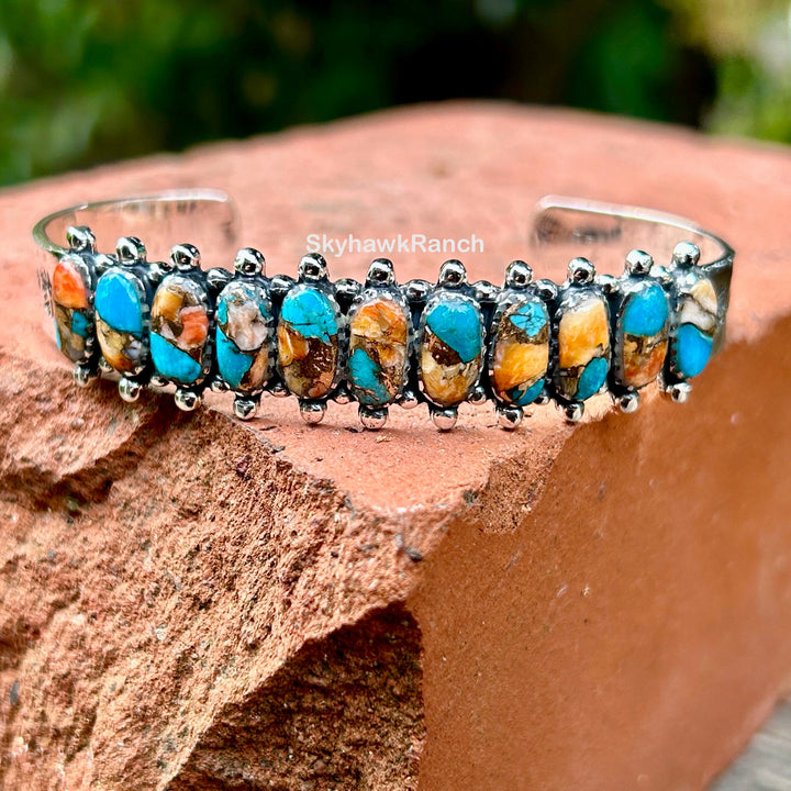 Genuine Turquoise Spiny Oyster Bracelet 925 Silver Turquoise and Spiny Oyster Cuff Turquoise Cuff Southwestern Western Jewelry