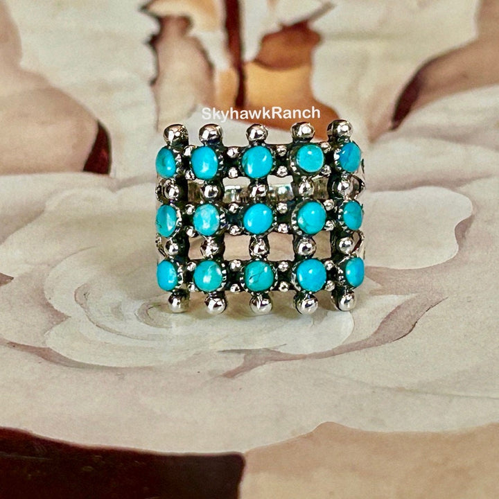Turquoise Cluster Ring: Sterling Silver Petit Point Zuni Style