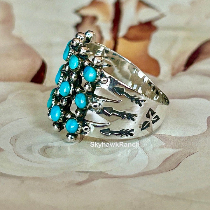 Turquoise Cluster Ring: Sterling Silver Petit Point Zuni Style
