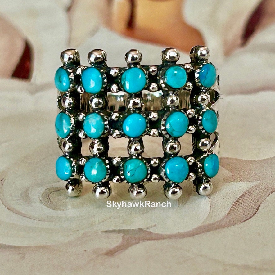 Turquoise Cluster Ring: Sterling Silver Petit Point Zuni Style