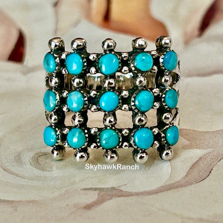 Turquoise Cluster Ring: Sterling Silver Petit Point Zuni Style