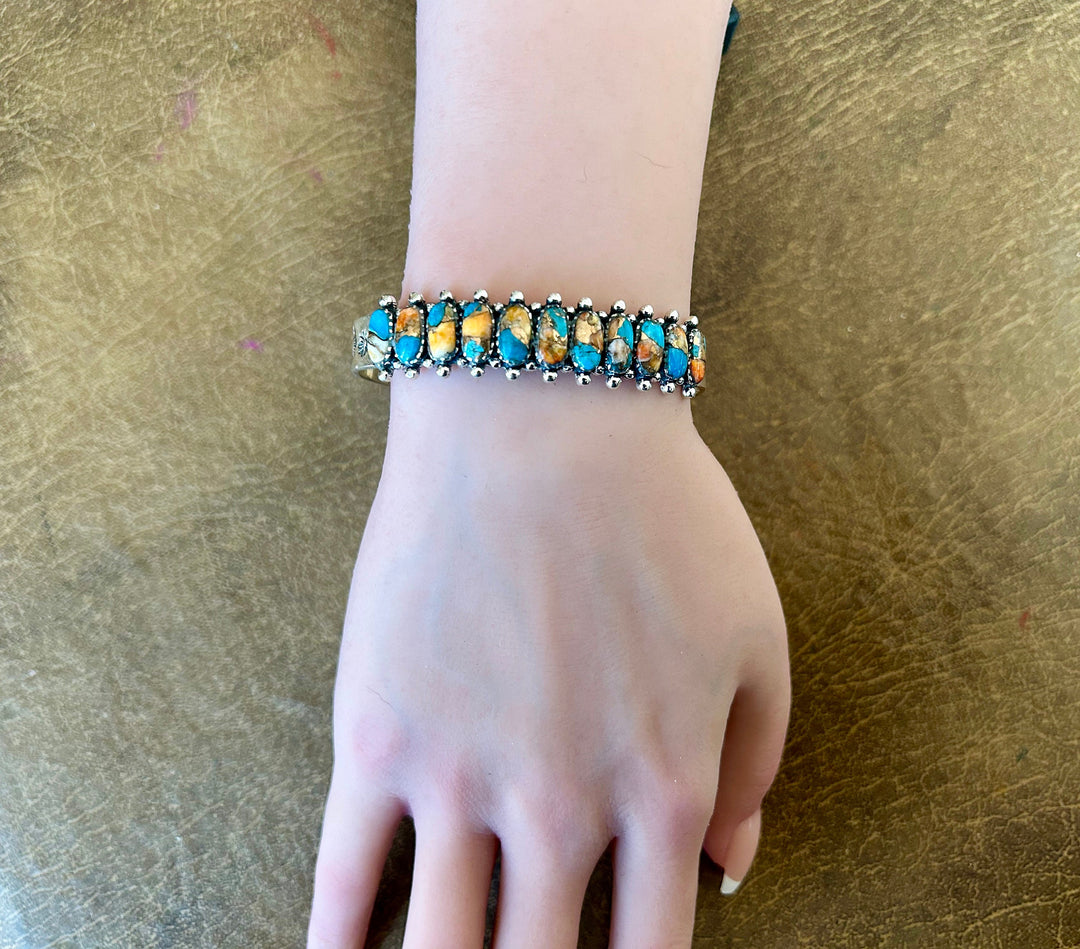 Genuine Turquoise Spiny Oyster Bracelet 925 Silver Turquoise and Spiny Oyster Cuff Turquoise Cuff Southwestern Western Jewelry