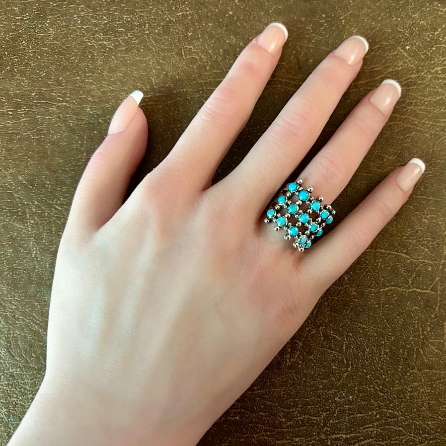 Turquoise Cluster Ring: Sterling Silver Petit Point Zuni Style