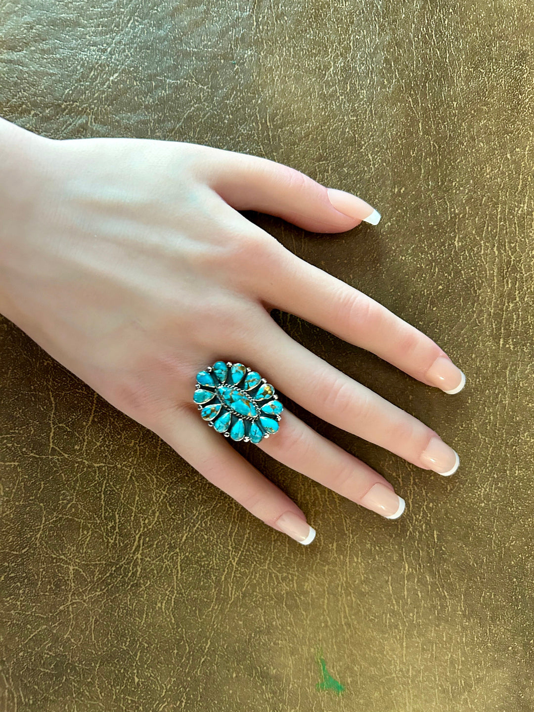 Turquoise Copper Sterling Silver Cluster Ring Western Southwestern Jewelry