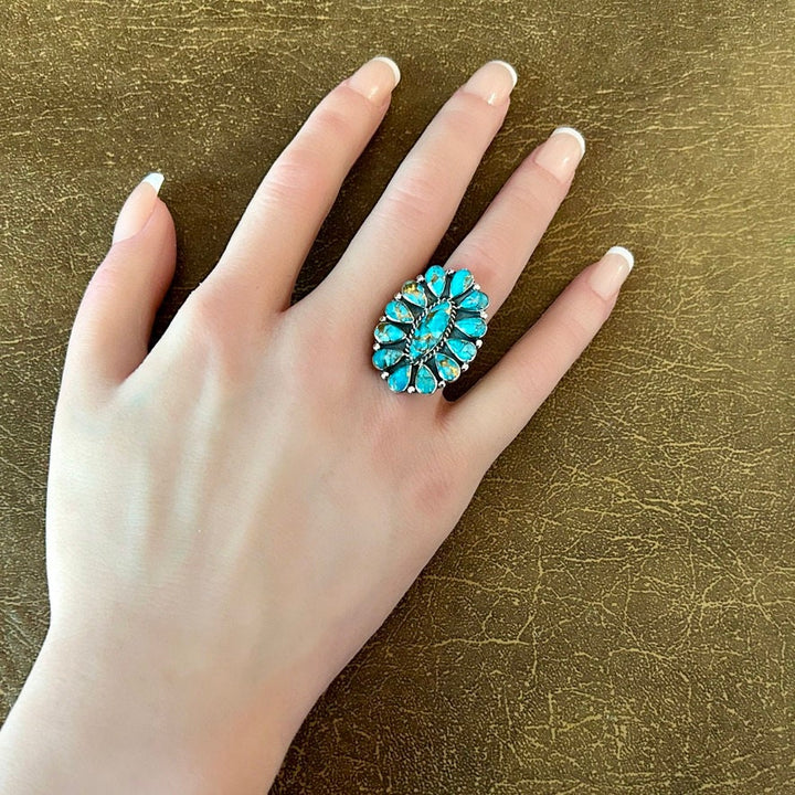 Turquoise Copper Sterling Silver Cluster Ring Western Southwestern Jewelry