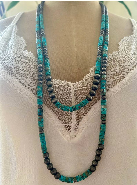 Long 2 Strand Turquoise Necklace, Navajo Style Pearls, Natural Gemstone Necklace