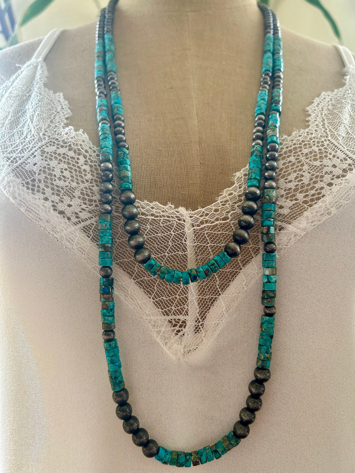 Long 2 Strand Turquoise Necklace, Navajo Style Pearls, Natural Gemstone Necklace