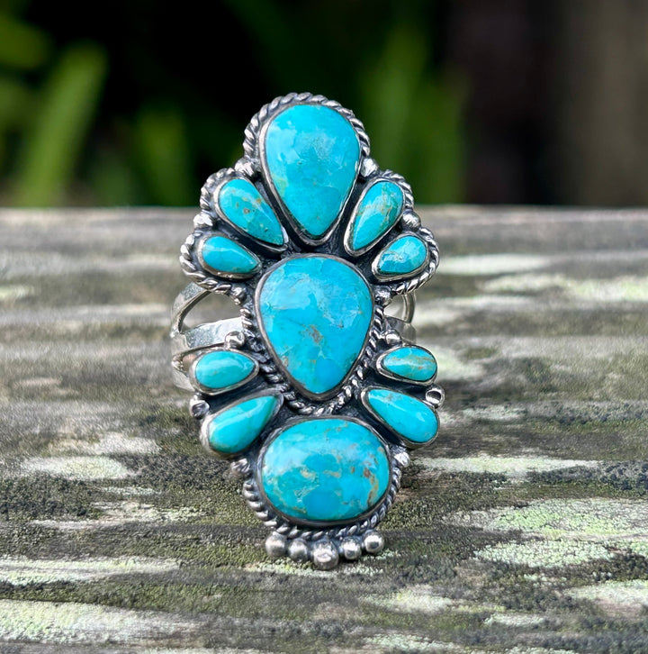 Kingman Turquoise Sterling Silver Ring: Southwestern Flower Cluster