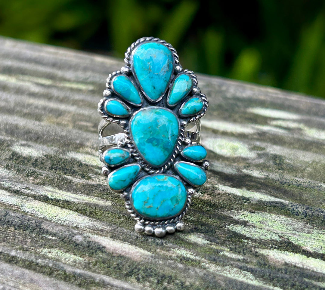 Kingman Turquoise Sterling Silver Ring: Southwestern Flower Cluster
