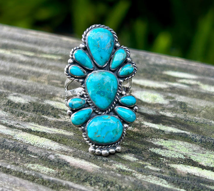 Kingman Turquoise Sterling Silver Ring: Southwestern Flower Cluster