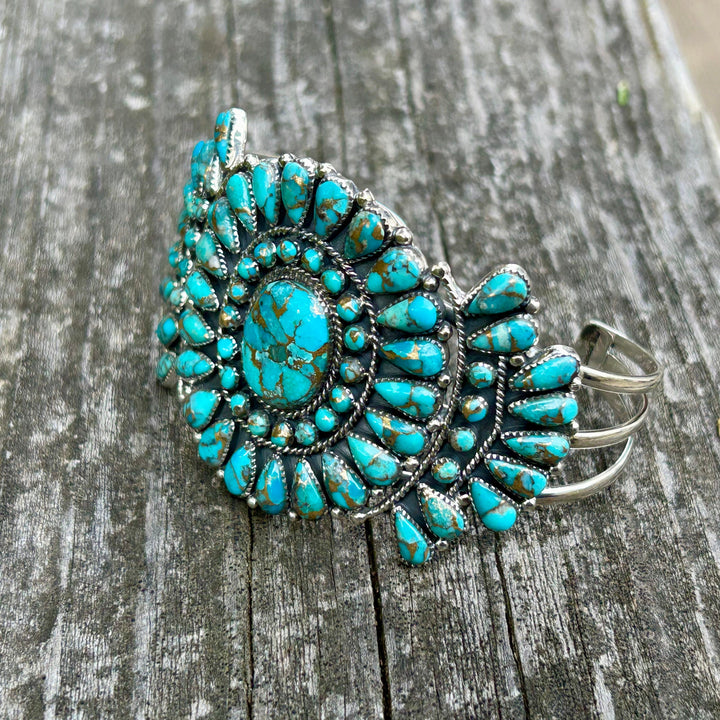 Genuine Turquoise Copper Matrix Cluster Cuff Bracelet Turquoise Sterling Silver Southwest Style Cluster Cuff Statement Bracelet Adjustable