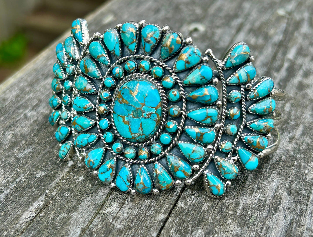 Genuine Turquoise Copper Matrix Cluster Cuff Bracelet Turquoise Sterling Silver Southwest Style Cluster Cuff Statement Bracelet Adjustable