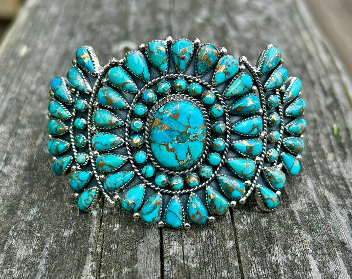 Genuine Turquoise Copper Matrix Cluster Cuff Bracelet Turquoise Sterling Silver Southwest Style Cluster Cuff Statement Bracelet Adjustable
