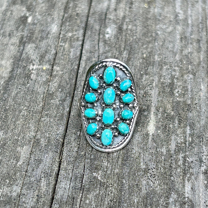 Turquoise Cluster Ring: Southwestern Sterling Silver Saddleback Design