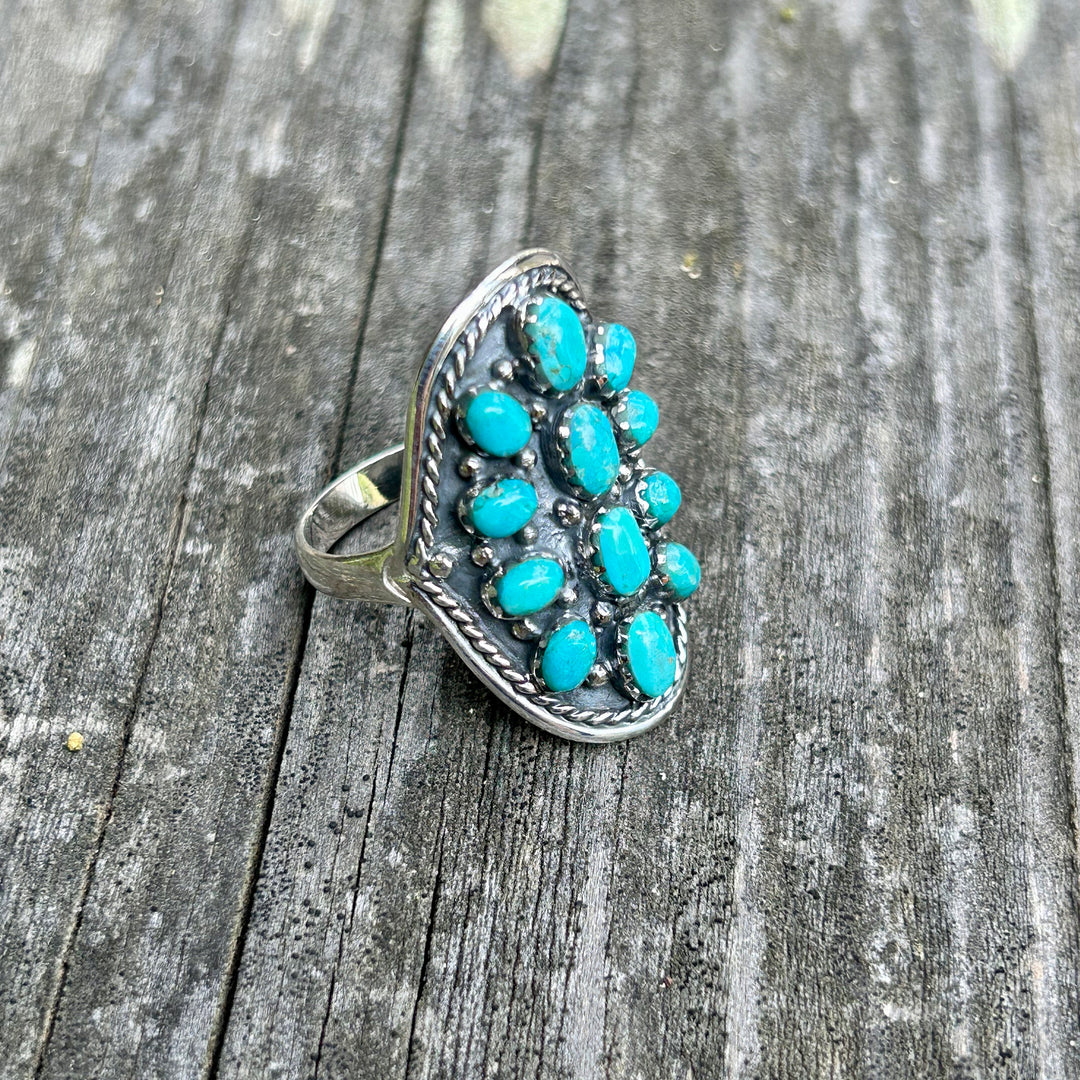 Turquoise Cluster Ring: Southwestern Sterling Silver Saddleback Design