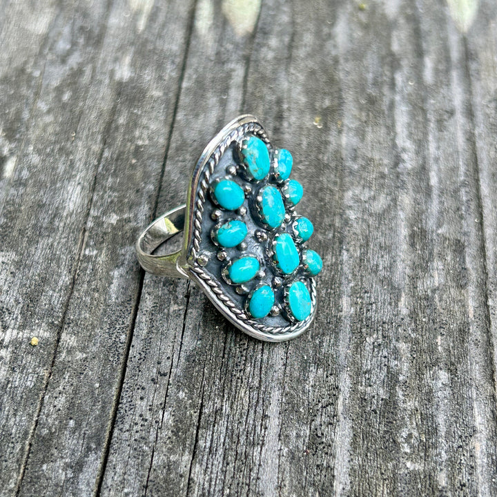 Turquoise Cluster Ring: Southwestern Sterling Silver Saddleback Design