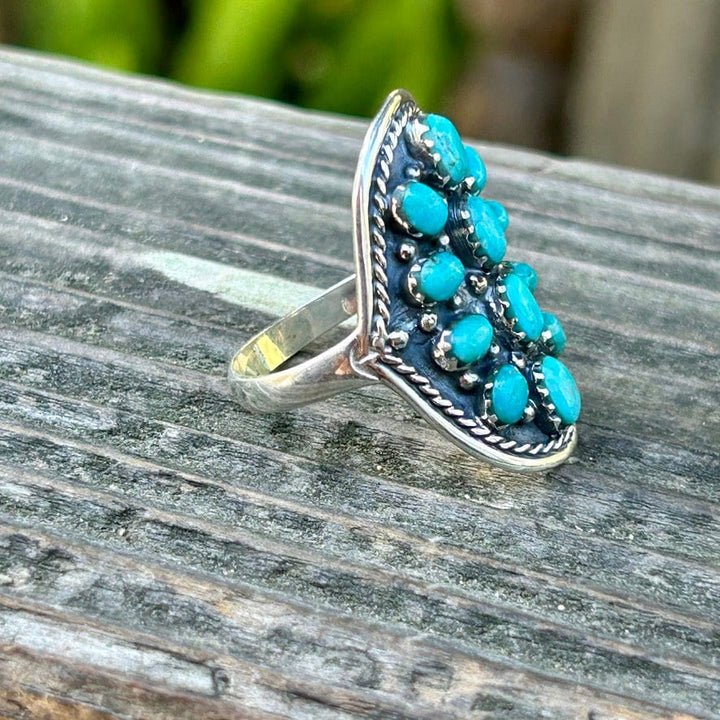 Turquoise Cluster Ring: Southwestern Sterling Silver Saddleback Design
