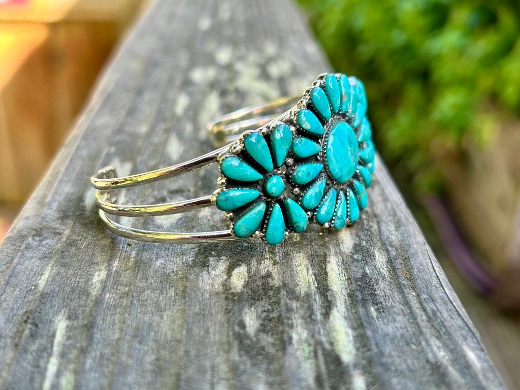 Genuine Turquoise Cluster Bracelet 925 Sterling Silver Cuff Bracelet Adjustable Bracelet Turquoise Cluster Cuff