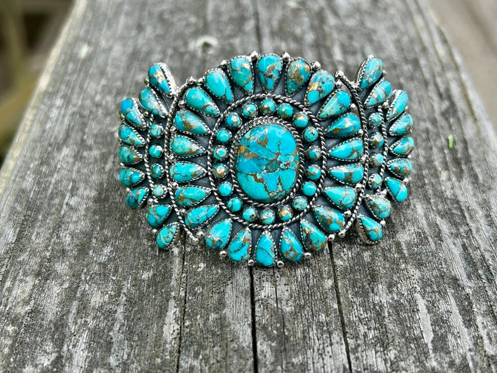 Genuine Turquoise Copper Matrix Cluster Cuff Bracelet Turquoise Sterling Silver Southwest Style Cluster Cuff Statement Bracelet Adjustable