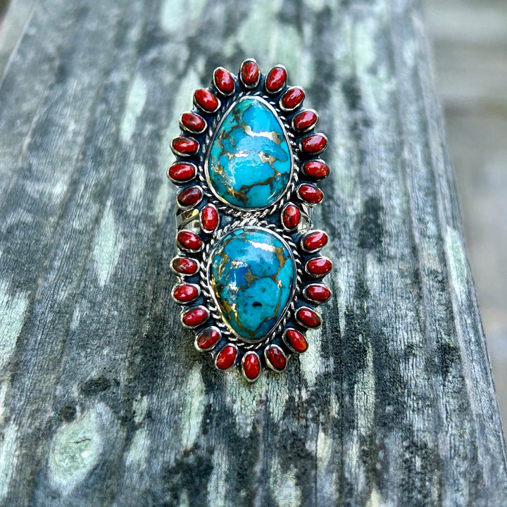 Genuine Turquoise and Coral Ring Southwestern Jewelry Gift for Her Statement Turquoise Ring