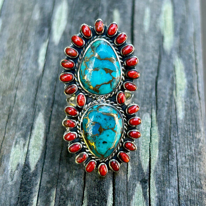 Genuine Turquoise and Coral Ring Southwestern Jewelry Gift for Her Statement Turquoise Ring