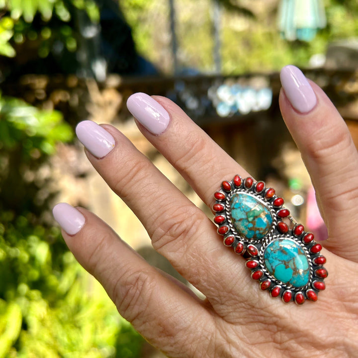 Genuine Turquoise and Coral Ring Southwestern Jewelry Gift for Her Statement Turquoise Ring
