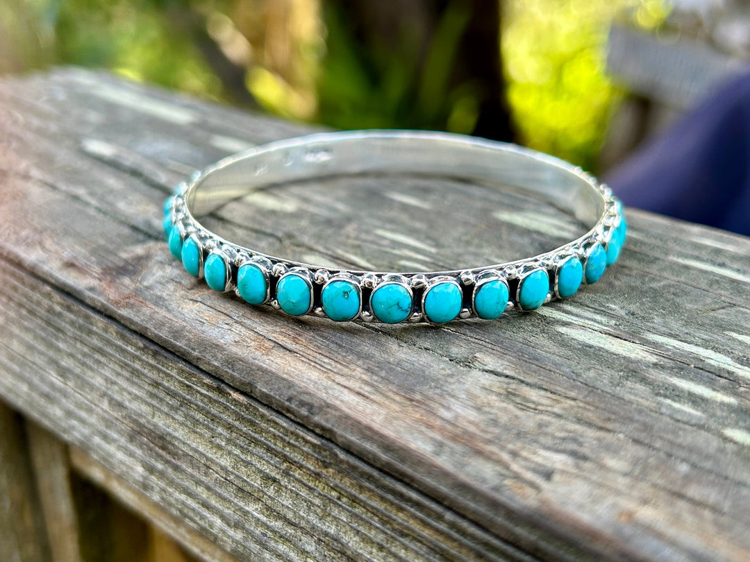 Genuine Turquoise Bangle Bracelet Sterling Silver Turquoise All Around Bangle Southwestern Style Bracelet Rare find