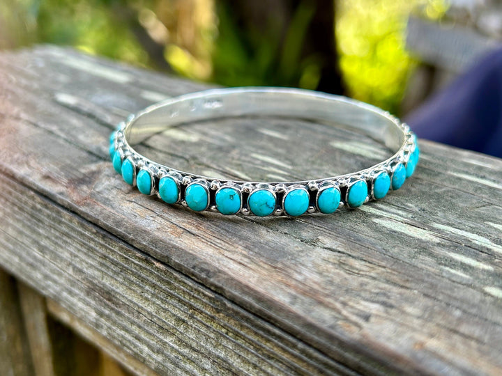 Genuine Turquoise Bangle Bracelet Sterling Silver Turquoise All Around Bangle Southwestern Style Bracelet Rare find