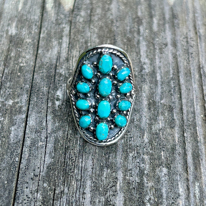 Turquoise Cluster Ring: Southwestern Sterling Silver Saddleback Design