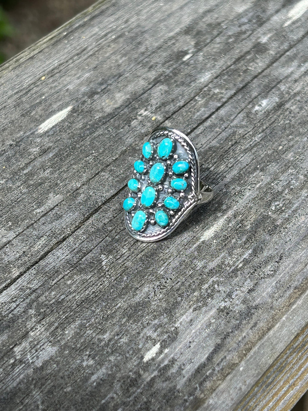 Turquoise Cluster Ring: Southwestern Sterling Silver Saddleback Design