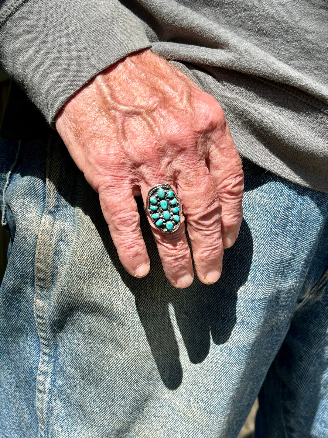 Turquoise Cluster Ring: Southwestern Sterling Silver Saddleback Design