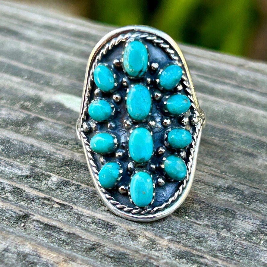 Turquoise Cluster Ring: Southwestern Sterling Silver Saddleback Design