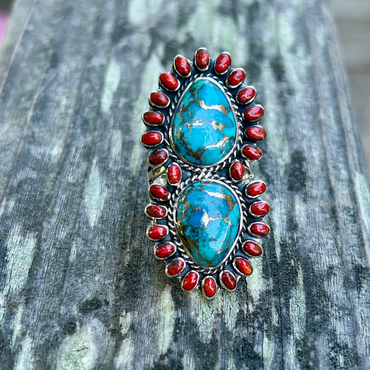 Genuine Turquoise and Coral Ring Southwestern Jewelry Gift for Her Statement Turquoise Ring