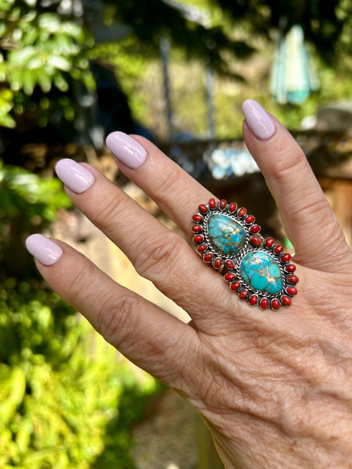 Genuine Turquoise and Coral Ring Southwestern Jewelry Gift for Her Statement Turquoise Ring