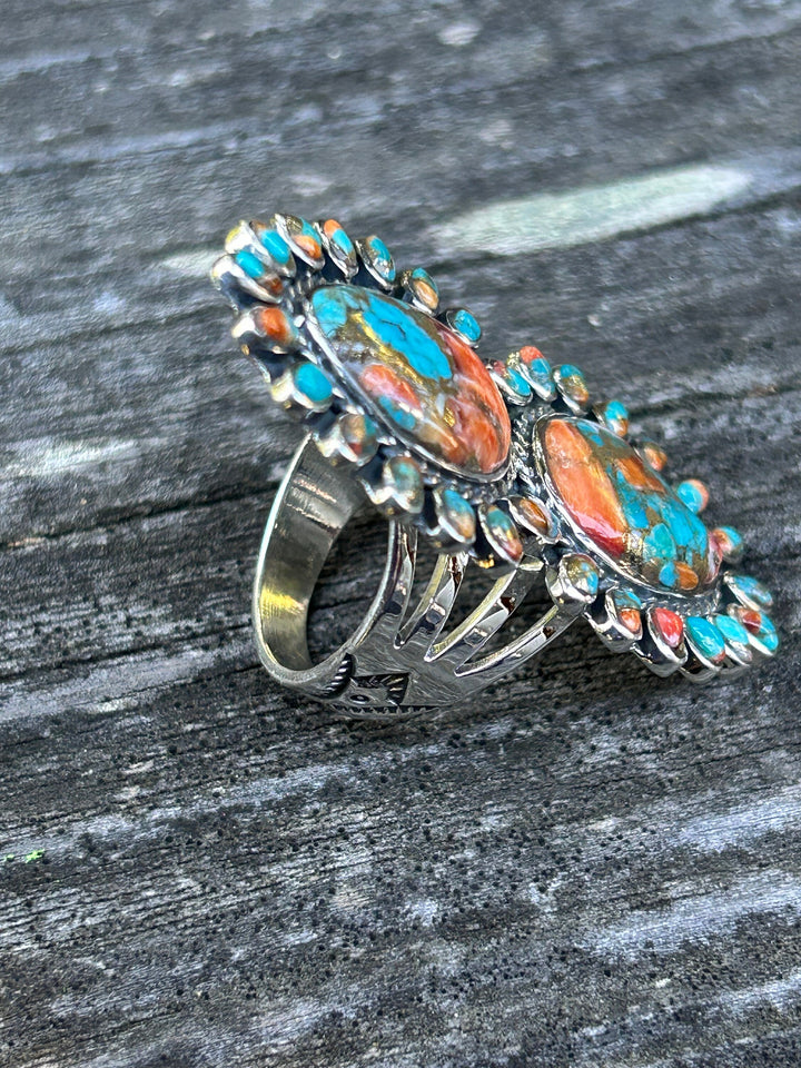 Turquoise Spiny Oyster Ring Gorgeous Spiny Oyster Sterling Silver Cluster Ring Statement Ring Southwestern Style Ring