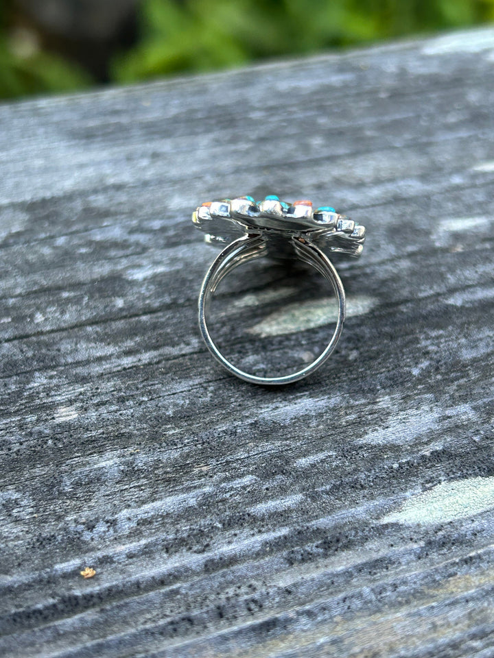 Turquoise Spiny Oyster Ring Gorgeous Spiny Oyster Sterling Silver Cluster Ring Statement Ring Southwestern Style Ring